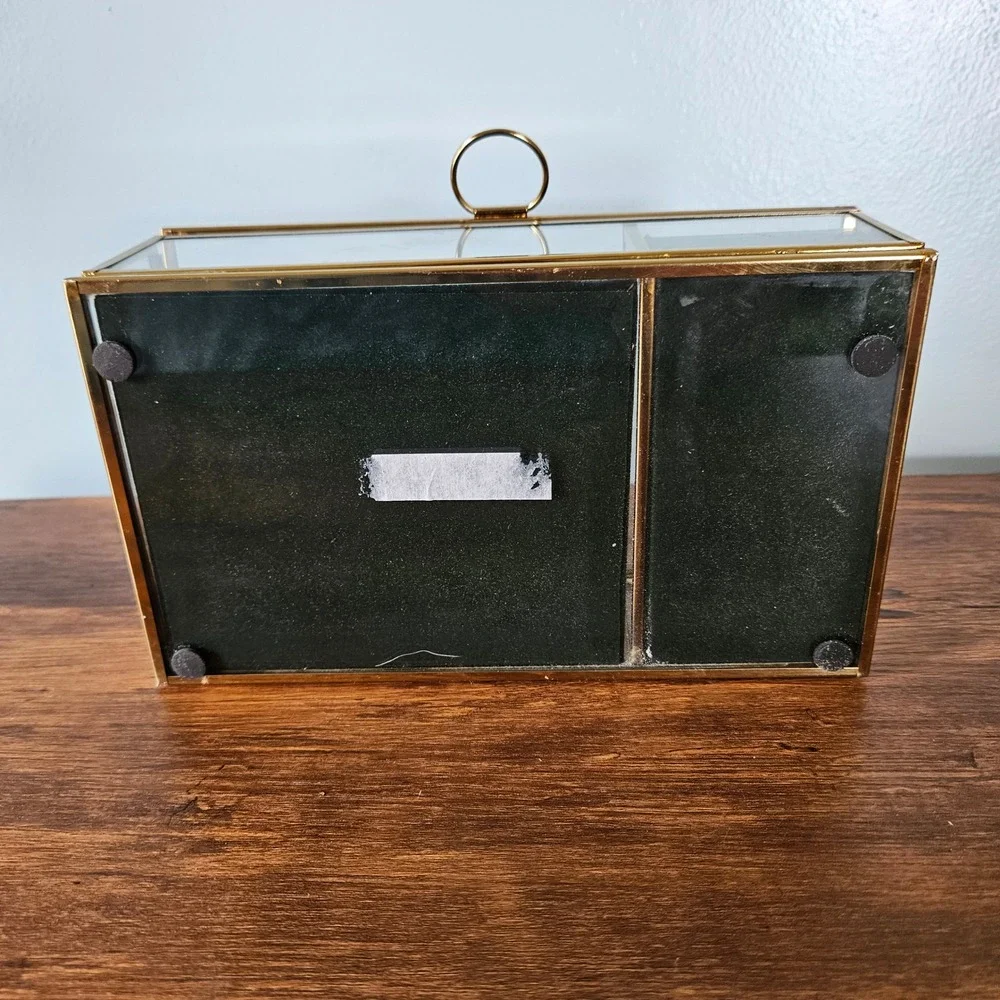 Brass Gold Glass Jewelry Box Green Velvet Lining 2 Compartment Trinket Case